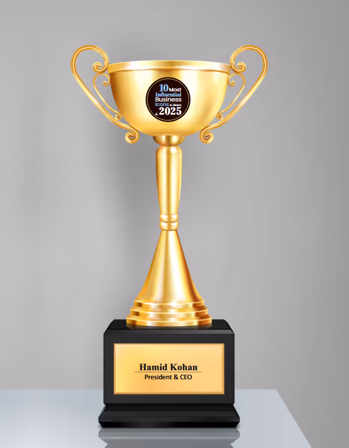 Golden trophy with curved handles and a plaque reading 'Hamid Kohan, President & CEO', labeled '10 Most Influential Business Icons to watch 2025'.