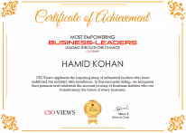 Certificate of Achievement awarded to Hamid Kohan for being recognized as one of the Most Empowering Business Leaders by Leading Thought in the Changing World.