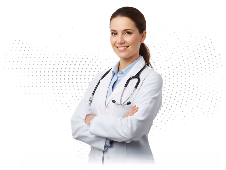 Smiling female doctor with crossed arms wearing white coat and stethoscope.