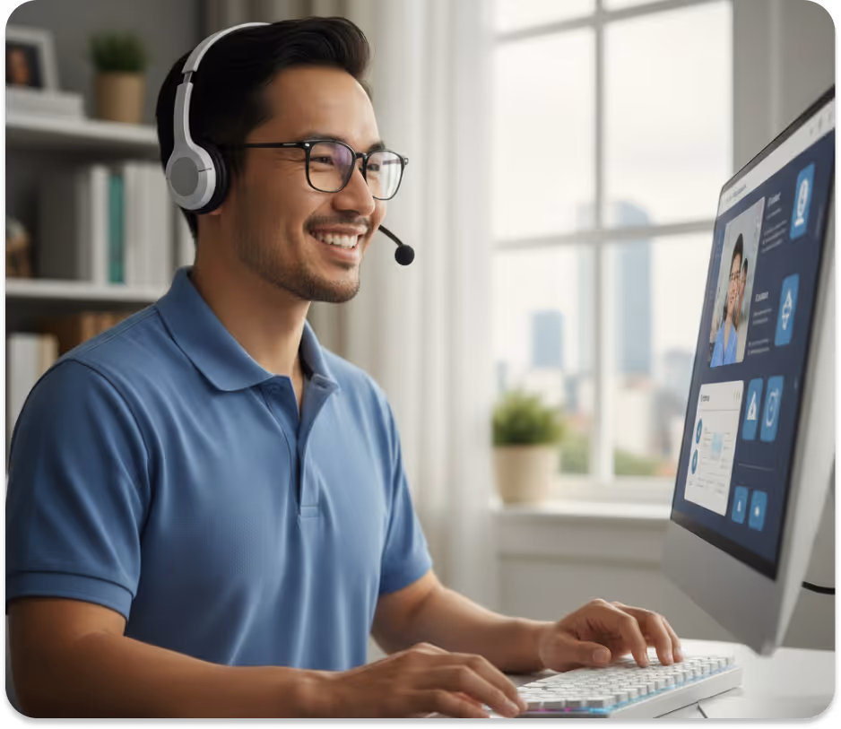 Smiling man wearing headset typing on a keyboard during a video call at a computer.