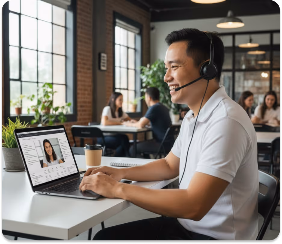 Man wearing headset smiling during a video call on a laptop in a modern office setting.