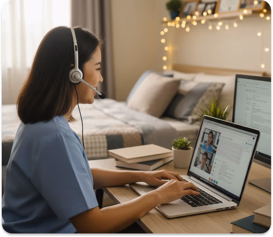 Woman in headset video conferencing on laptop at home desk with a bed and fairy lights in background.