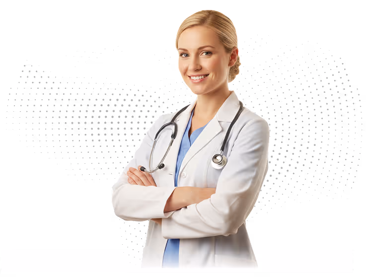 Smiling female doctor with folded arms wearing a lab coat and stethoscope.