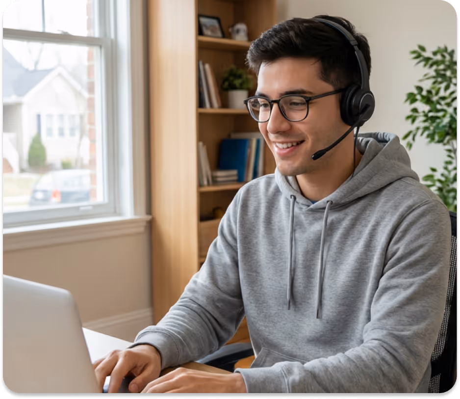 Smiling young man wearing glasses and headset works on laptop in a home office with bookshelves and window.
