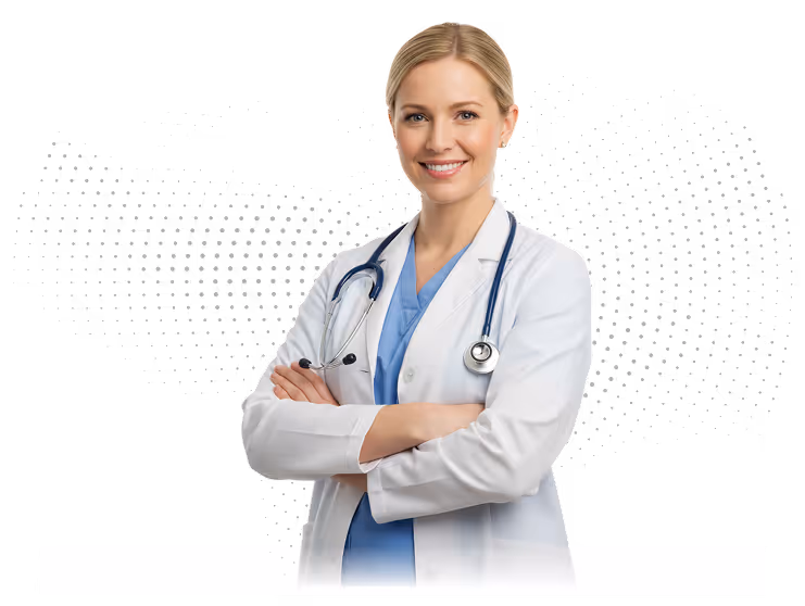 Smiling female doctor in white coat with stethoscope around her neck and arms crossed.