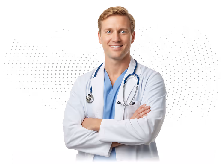 Smiling male doctor in white coat with stethoscope crossed arms on white background.