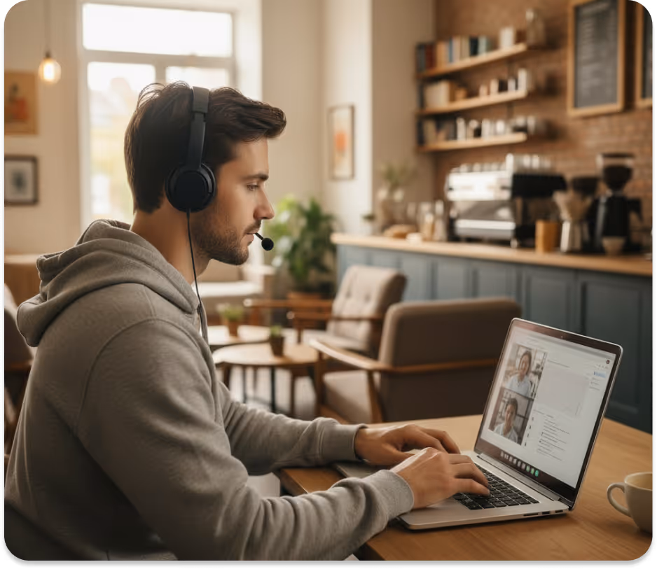 Young man in headset using laptop for video conference in cozy cafe setting.