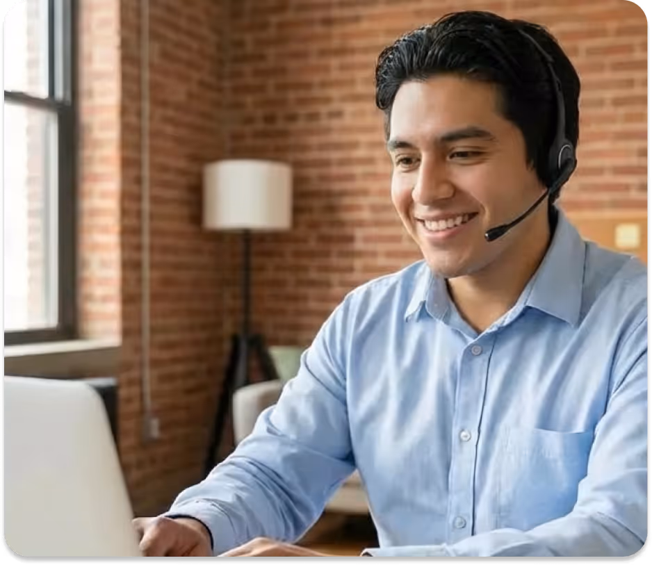 Smiling man wearing headset and light blue shirt using laptop in a brick-walled room with a lamp.