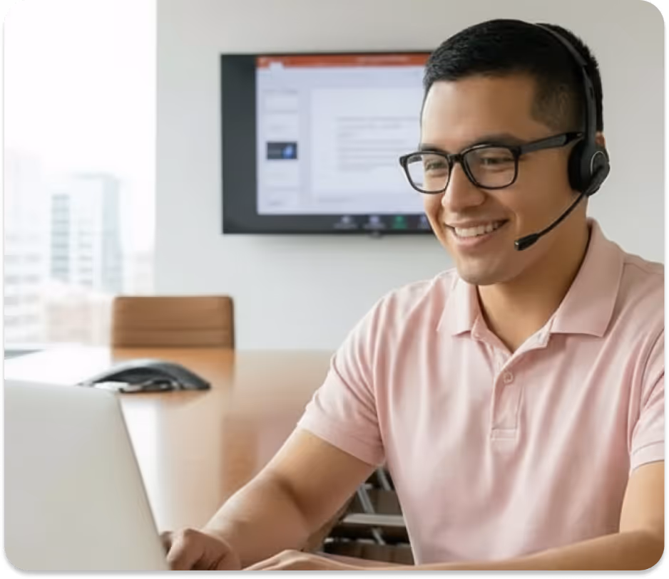 Smiling man wearing headset and glasses using laptop in office with screen showing presentation.