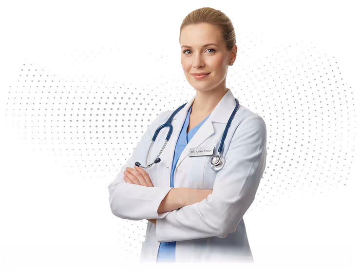 Confident female doctor wearing white coat and stethoscope with arms crossed, smiling at camera.