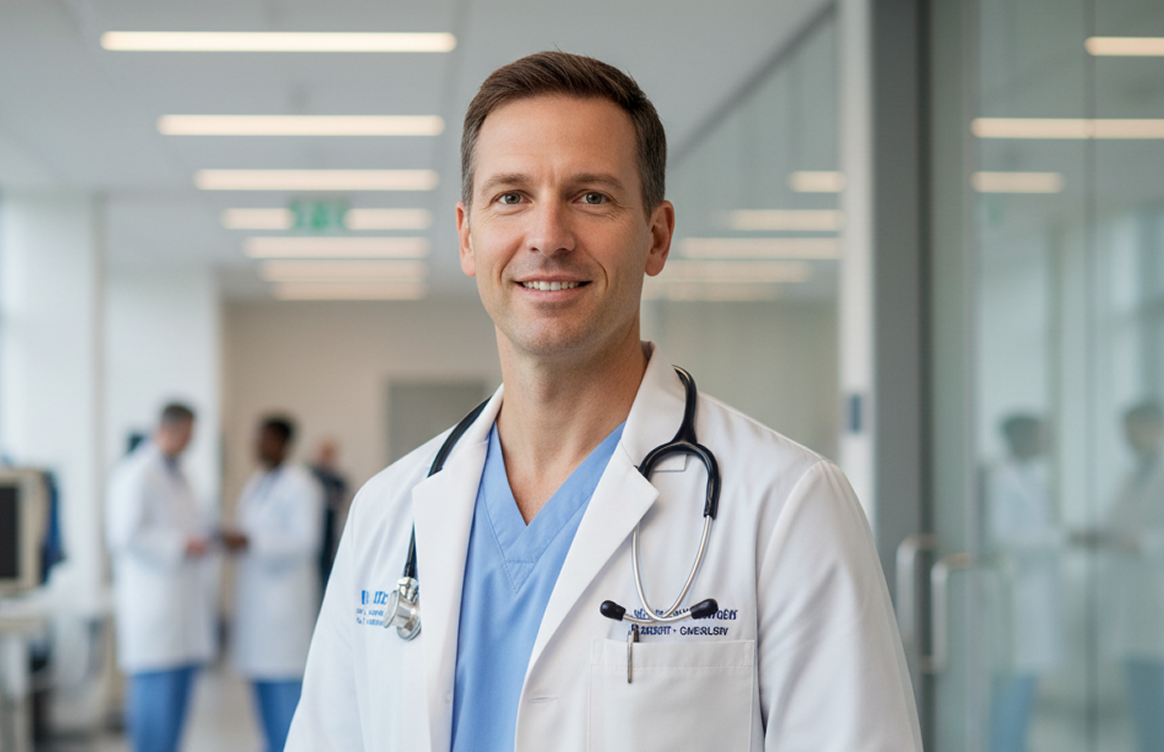 Smiling male doctor wearing blue scrubs and white coat with stethoscope in a hospital corridor.