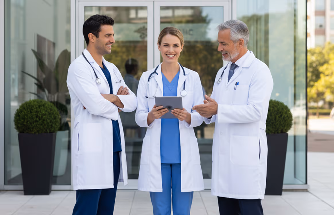 Three doctors in white coats and scrubs standing outside a building, smiling and discussing with a tablet.