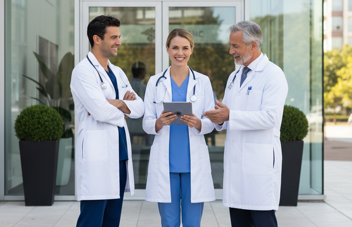 Three doctors in white coats and scrubs standing outside a building, smiling and discussing with a tablet.