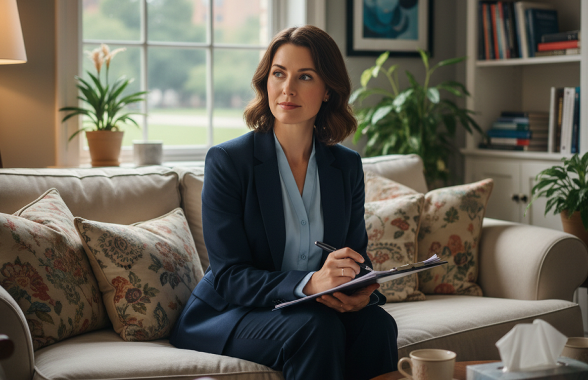 Woman in blazer holding a clipboard, seated on a couch with floral pillows in a cozy room.