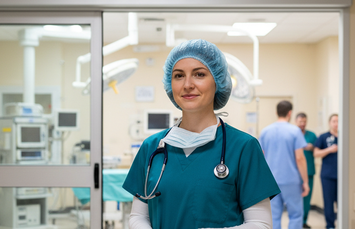 Female healthcare professional in scrubs and surgical cap stands in a hospital room with colleagues behind her.
