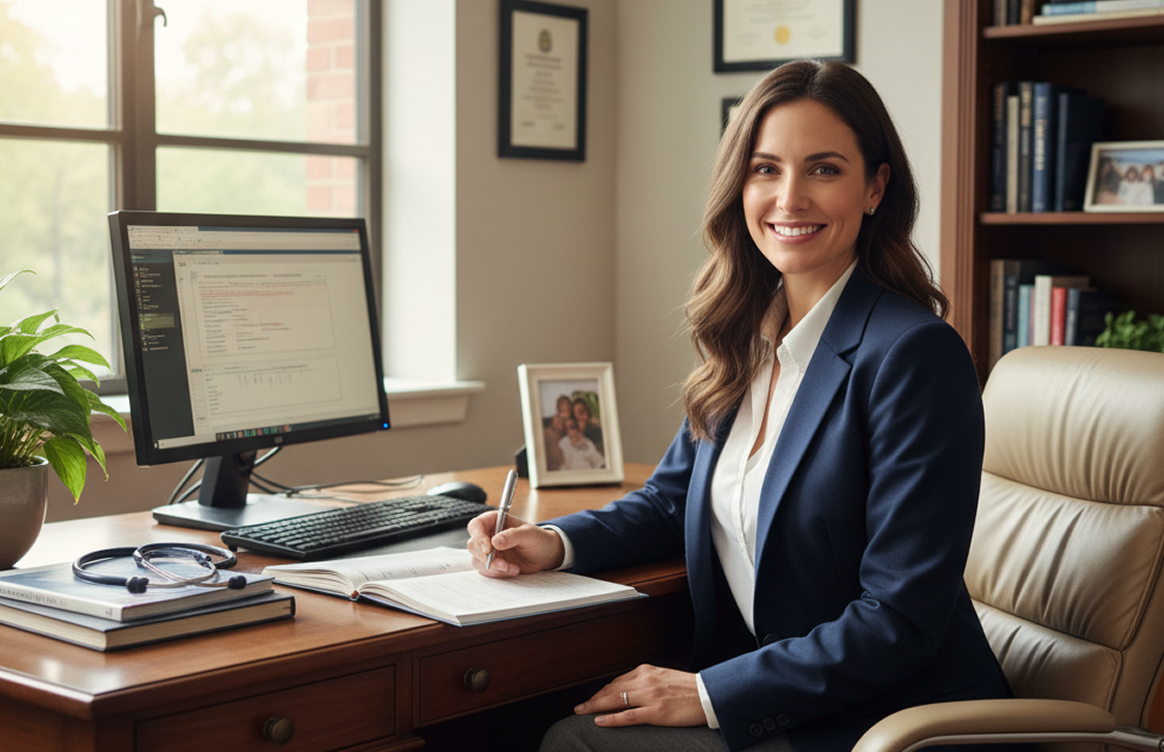 Smiling woman in a navy blazer writing in a notebook at a desk with a computer and stethoscope.