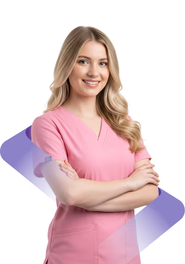 Smiling professional woman in beige blazer with arms crossed on transparent background.