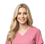 Smiling woman with long blonde hair wearing a pink V-neck scrub top.