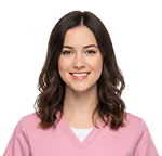 Smiling woman with shoulder-length brown hair wearing a pink top and white undershirt.