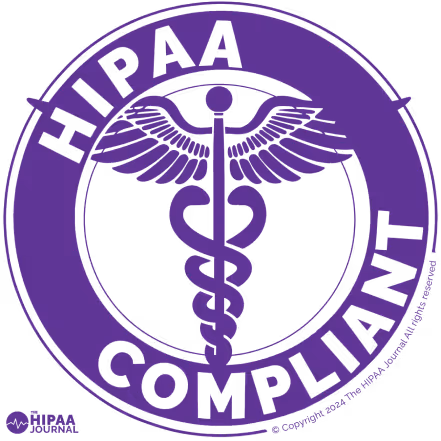 Purple circular HIPAA Compliant badge with medical caduceus symbol in the center.