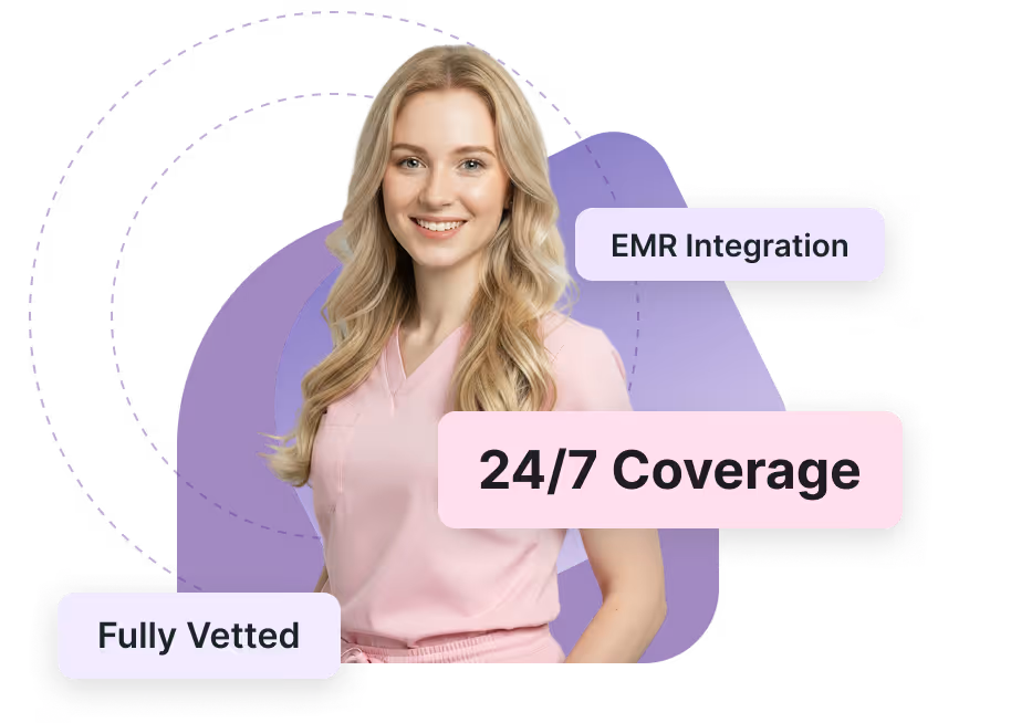 Smiling blonde woman in pink scrubs with text 24/7 Coverage, EMR Integration, and Fully Vetted.