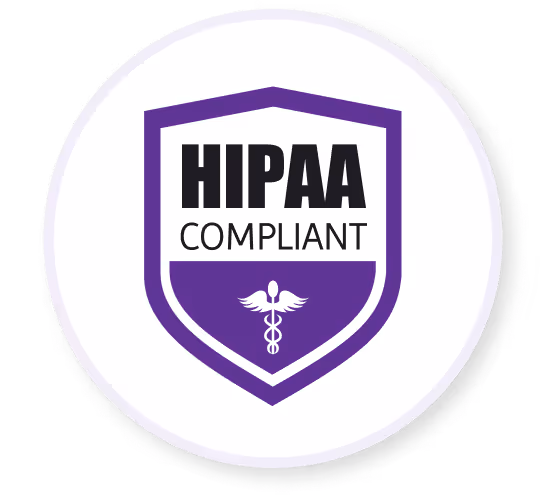 Blue shield badge with text 'HIPAA Compliant' and medical caduceus symbol.