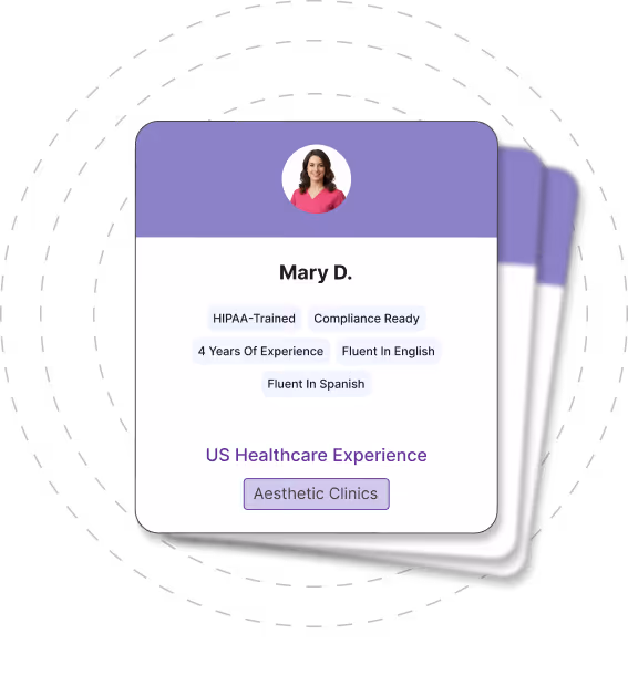 Profile card of Mary D. showing healthcare skills and experience in aesthetic clinics.