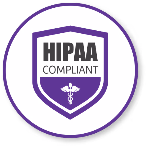 Shield emblem with text HIPAA COMPLIANT and a medical caduceus symbol in purple and black.