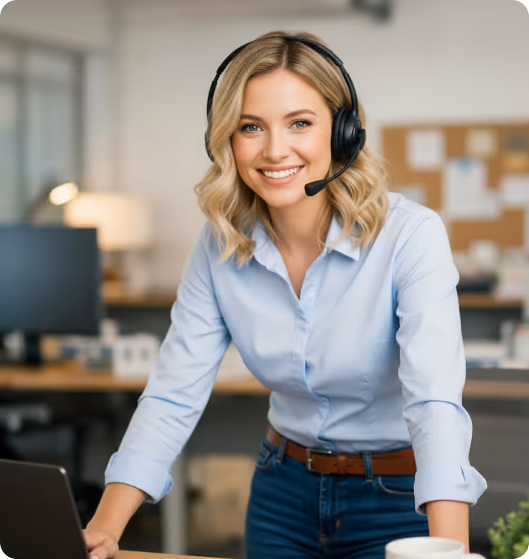 Smiling woman wearing headset and blue shirt leaning on desk in modern office setting.