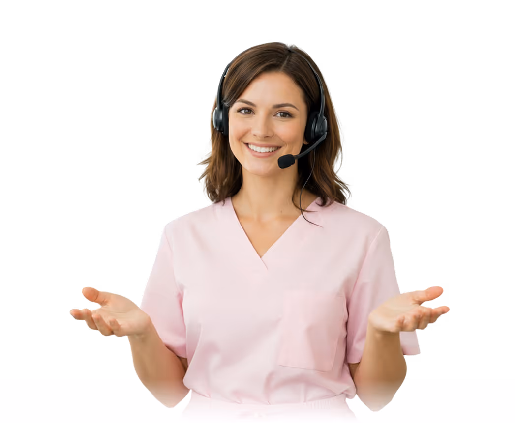Smiling woman in pink scrubs wearing a headset, gesturing with open hands.