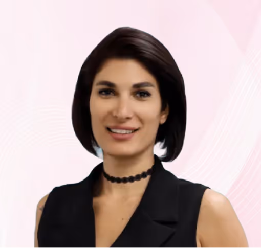 Portrait of a smiling woman with short dark hair wearing a black sleeveless top and a black choker necklace against a blue abstract background.