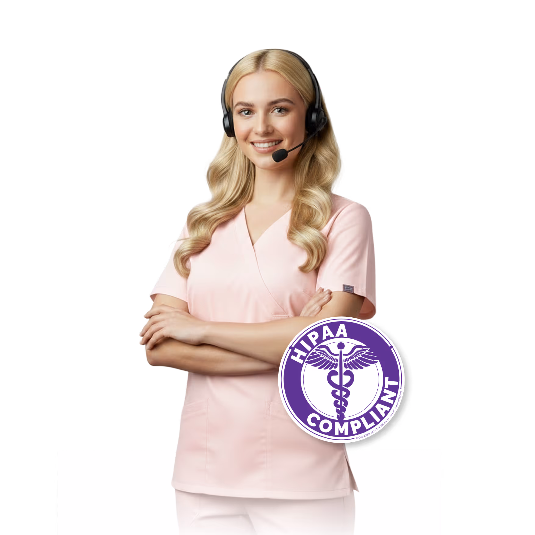 Smiling woman in pink scrubs with headset and a HIPAA compliant badge overlay.