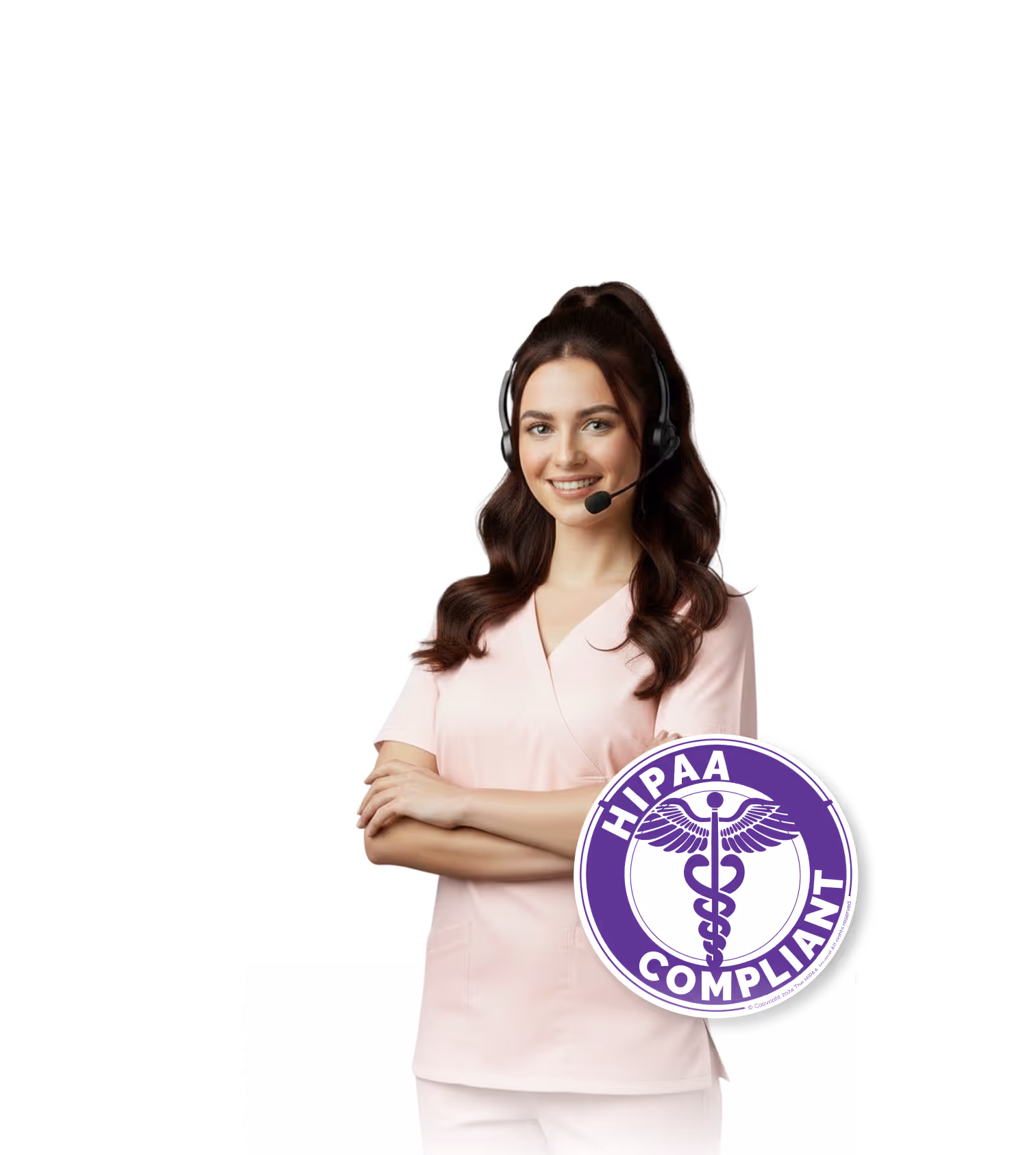 Smiling woman in a pink medical scrub with a headset and a HIPAA compliant badge.