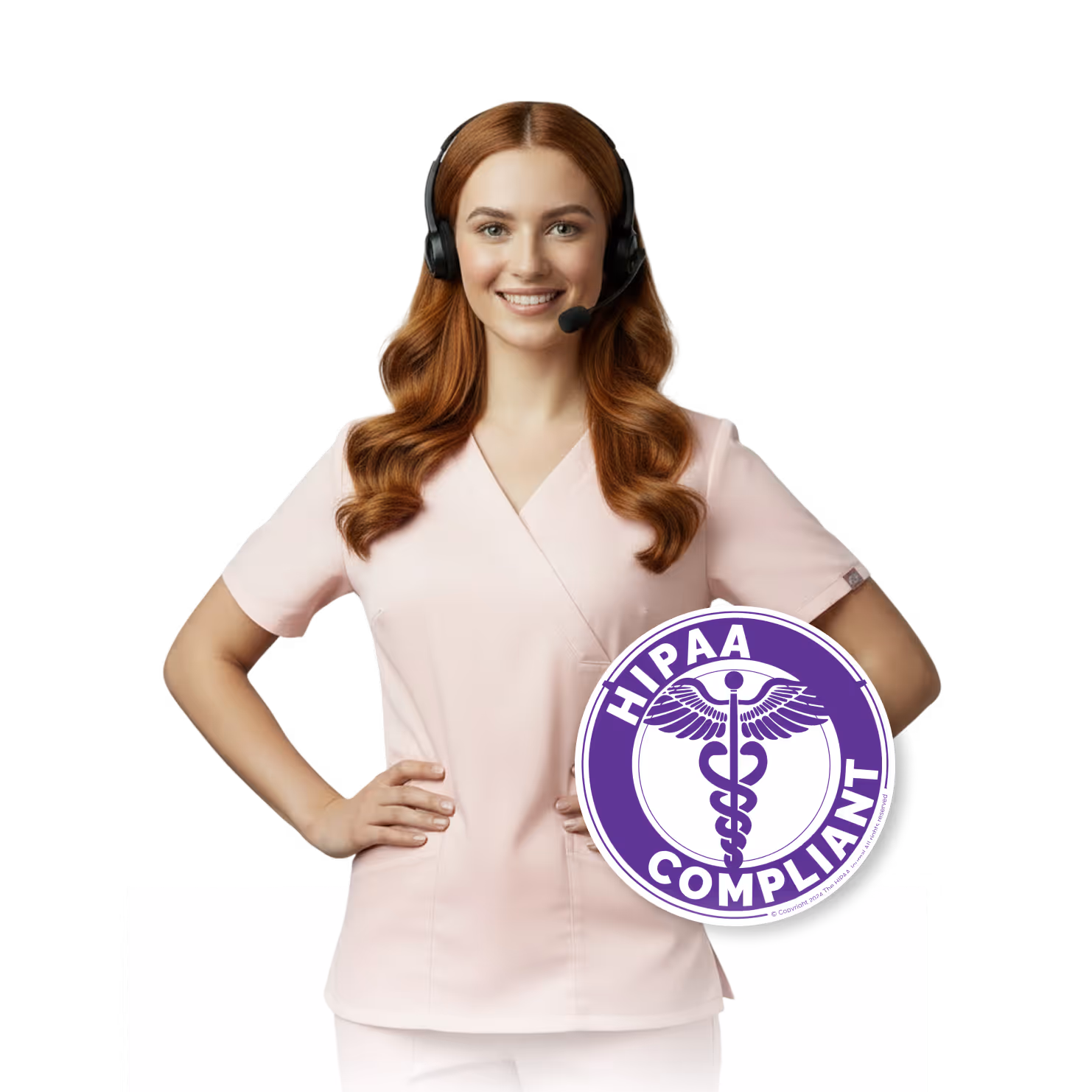 Smiling woman in pink scrubs with a headset stands next to a purple HIPAA compliant medical seal.