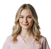 Smiling blonde woman with wavy hair wearing a beige button-up shirt against plain background.