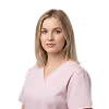 Portrait of a woman with shoulder-length blonde hair wearing a light pink blouse against a transparent background.