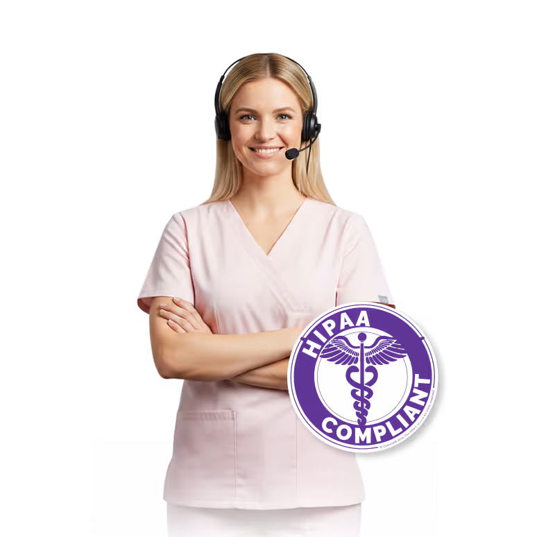 Smiling female healthcare worker wearing a headset and pink scrubs with HIPAA compliant badge.