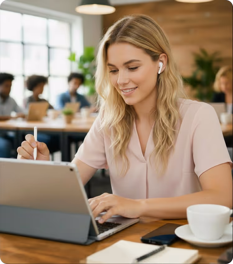 Smiling woman with earbuds using stylus on tablet with keyboard in a busy modern office.