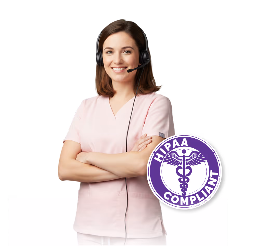 Smiling woman in pink medical scrubs wearing headset with a purple HIPAA Compliant badge.