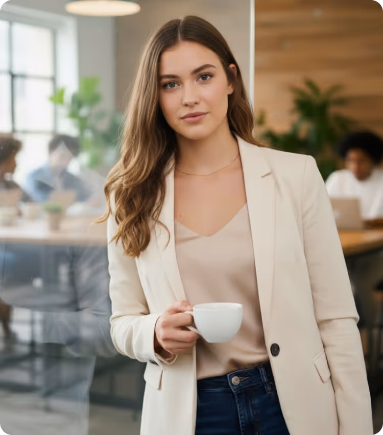Confident young woman in beige blazer holding a coffee cup in a modern office setting.