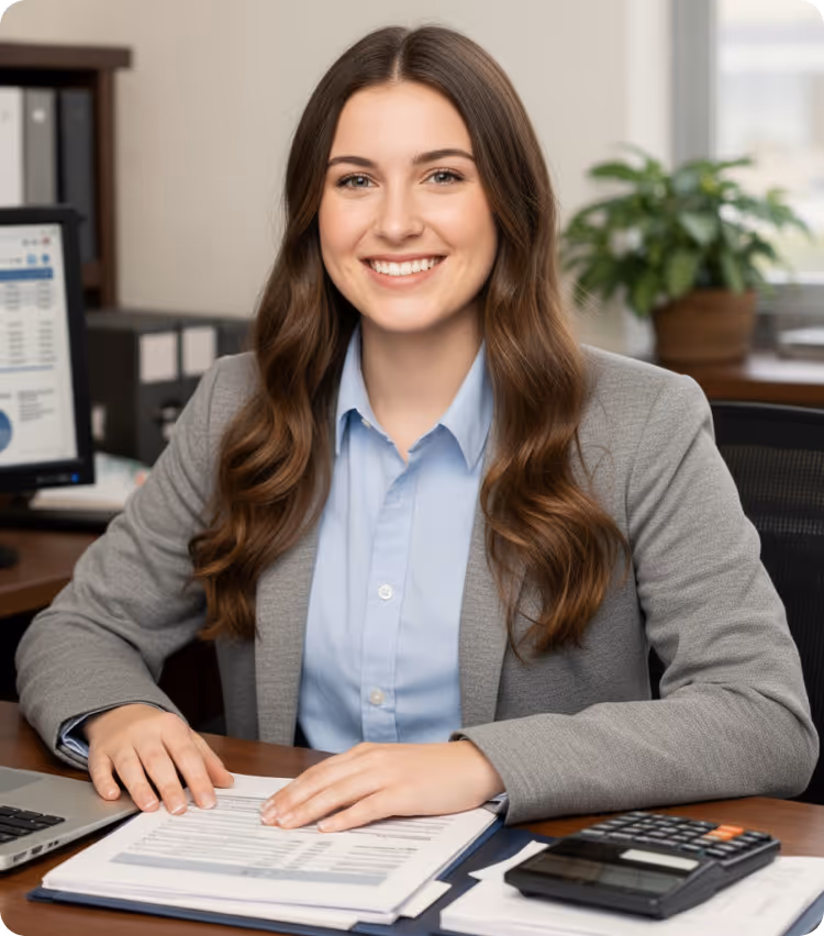 Smiling woman in business attire sitting at desk with documents, calculator, and laptop in office.