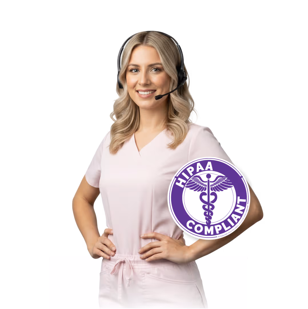 Smiling woman in pink scrubs wears headset with HIPAA Compliant purple medical emblem.
