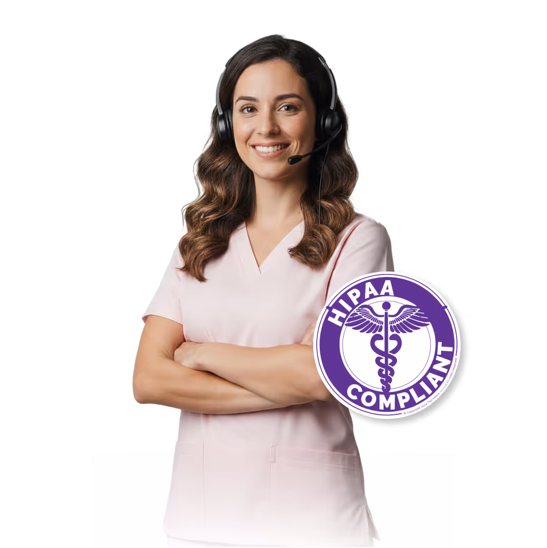 Smiling woman in pink scrubs wearing a headset with a HIPAA compliant badge.