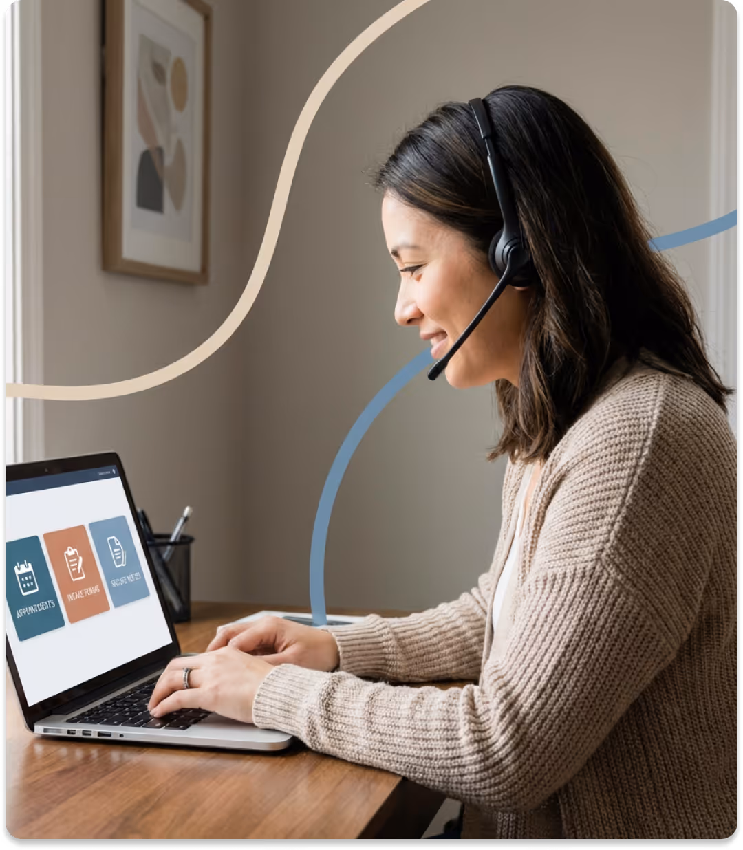 Woman wearing a headset smiling while typing on a laptop showing appointment, intake form, and secure notes icons.