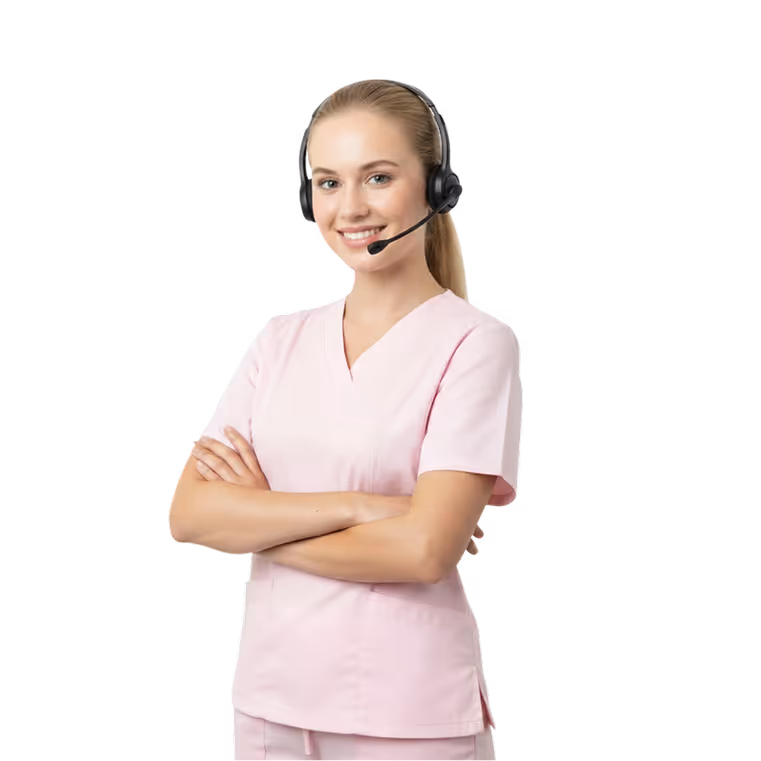 Smiling customer service representative wearing a headset and light blue shirt with arms crossed.
