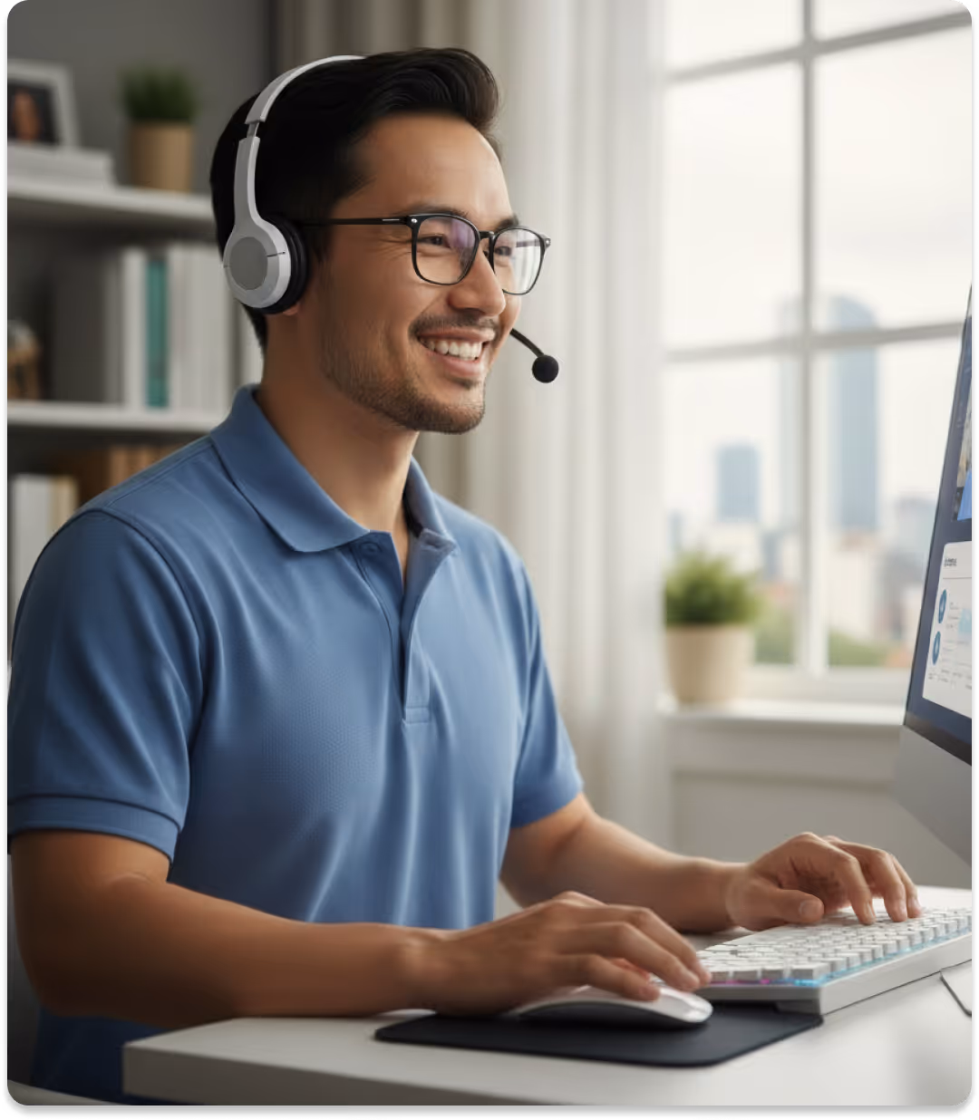 Smiling man wearing headset typing on a keyboard during a video call at a computer.