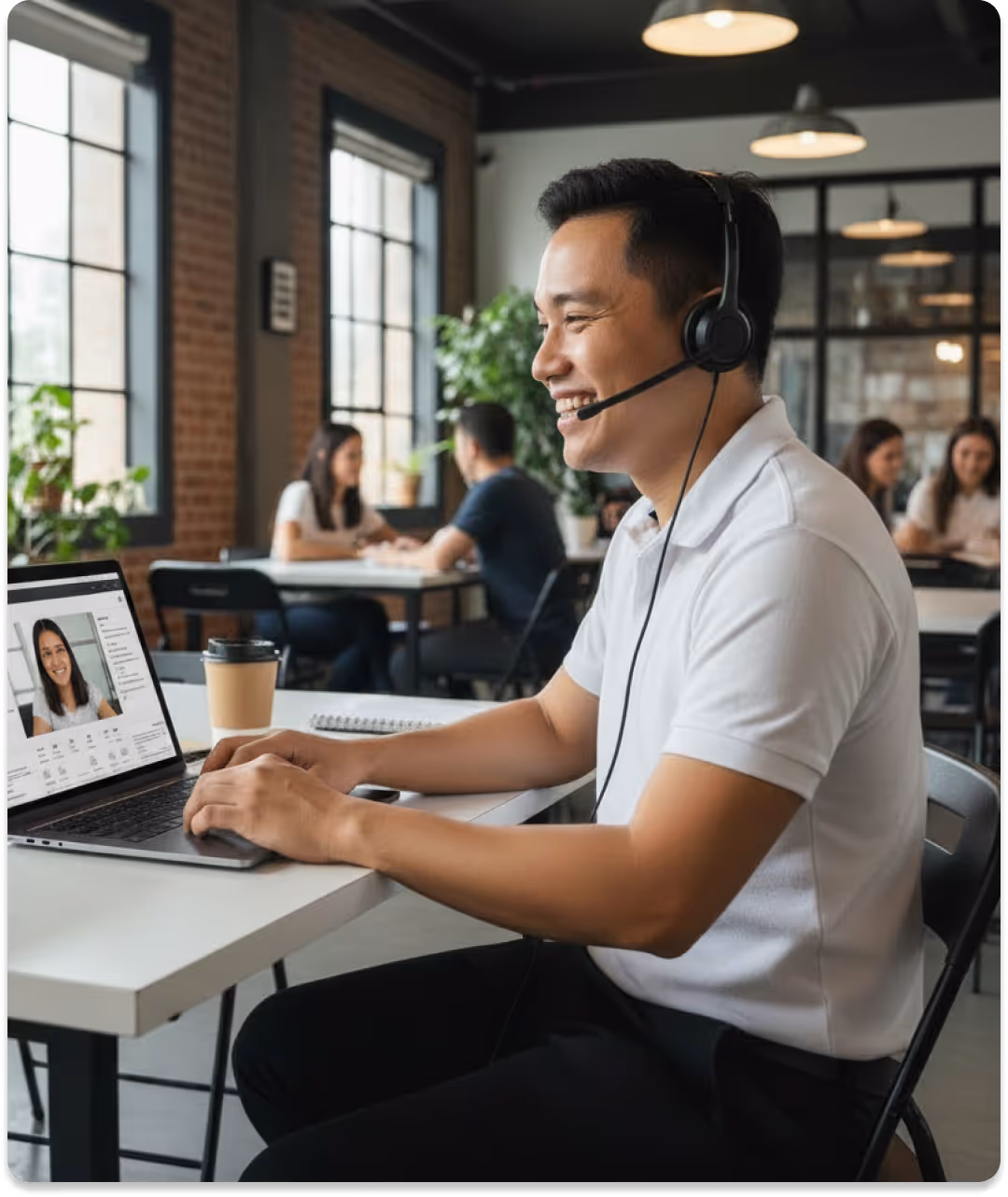Man wearing headset smiling during a video call on a laptop in a modern office setting.