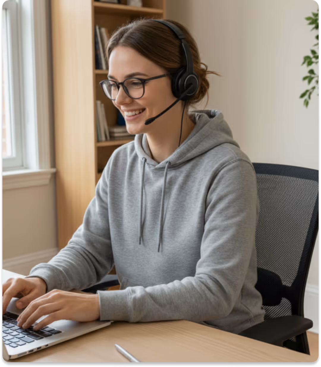 Smiling woman with headset typing on laptop in a bright office with brick walls and plants.