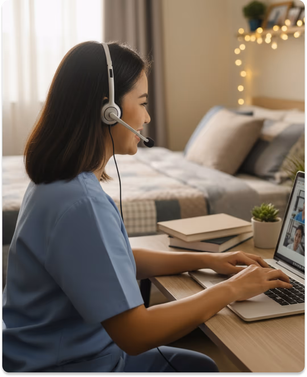 Woman in headset video conferencing on laptop at home desk with a bed and fairy lights in background.