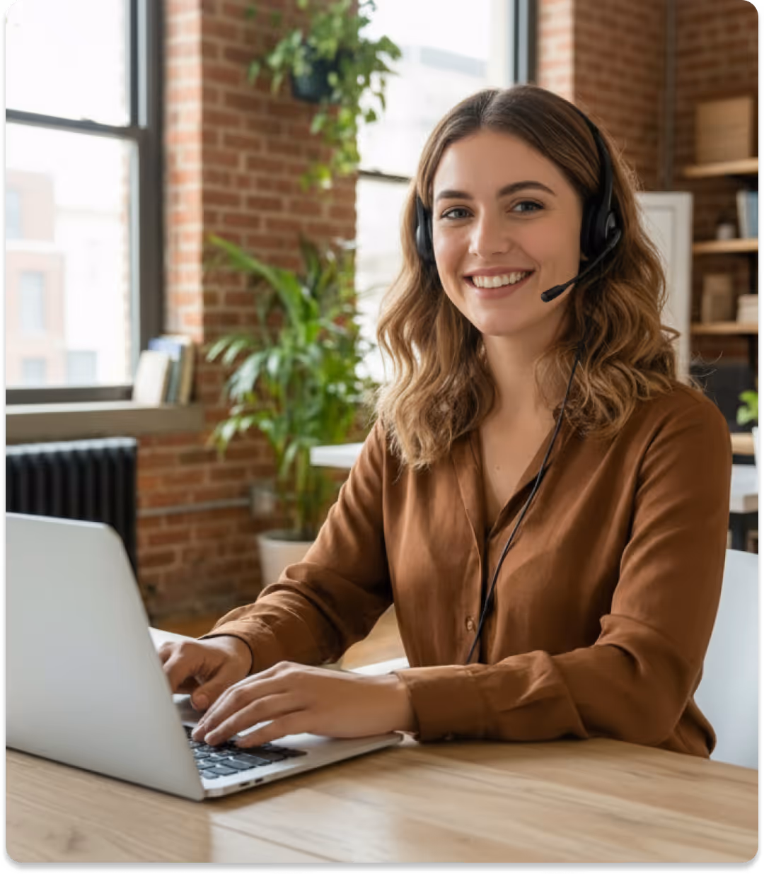 Smiling woman wearing headset working on laptop at desk in bright modern office with plants.